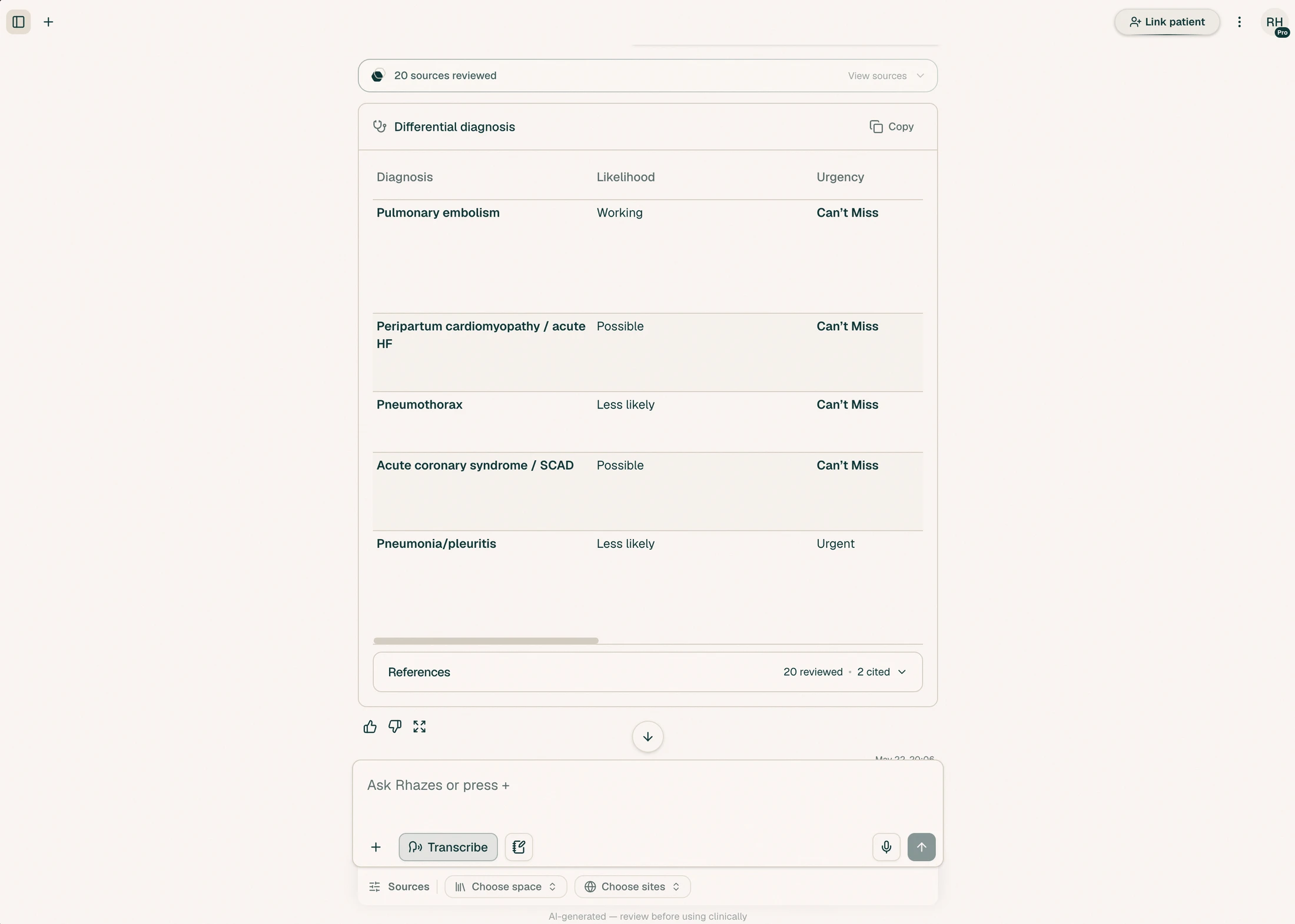 Rhazes decision support showing a prioritised differential diagnosis, likelihood, urgency and references.